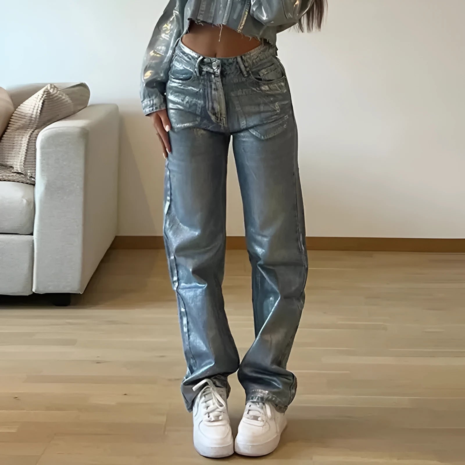 Women's washed blue high waist straight leg jeans with contrast detailing and street hipster style