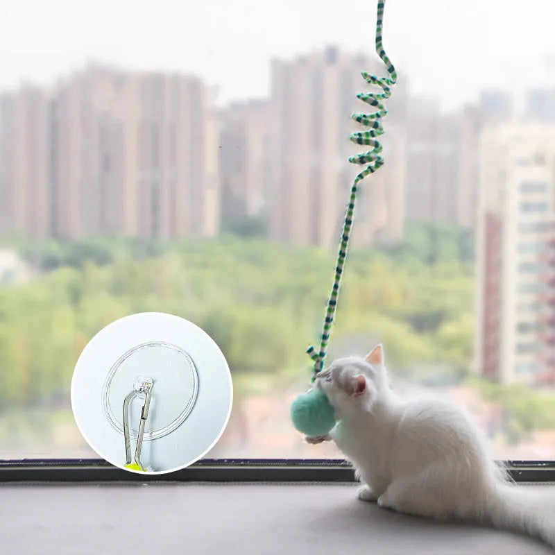 Hanging cat toy with suction cup, spring attachment, inflatable ball and bell stick in multiple colour options