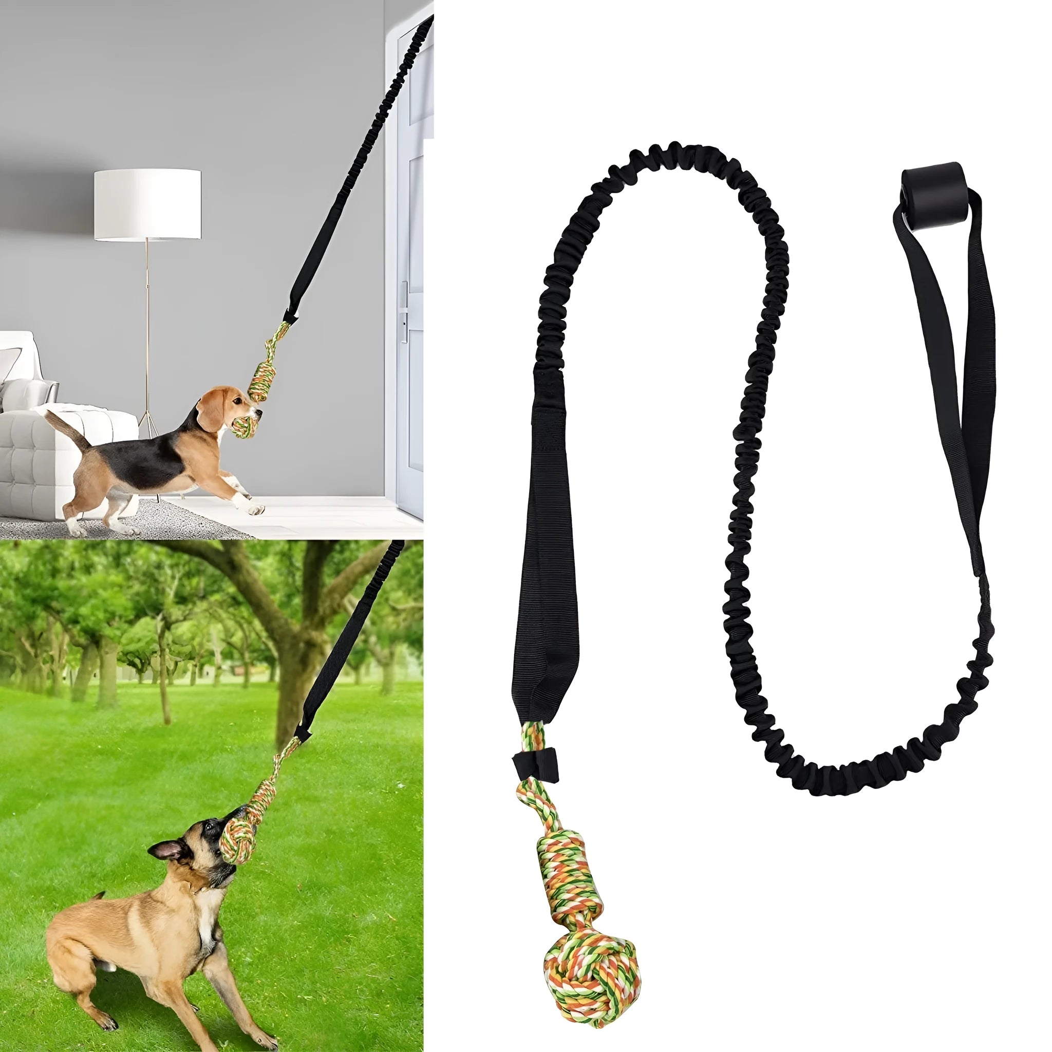 Cotton dog tug of war rope toy in black, grey, or red colours for interactive play and dental grinding