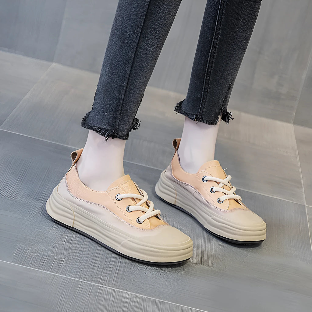 Women's leather platform sneakers in matcha, purple, and orange colours with round toe and lace-up front.