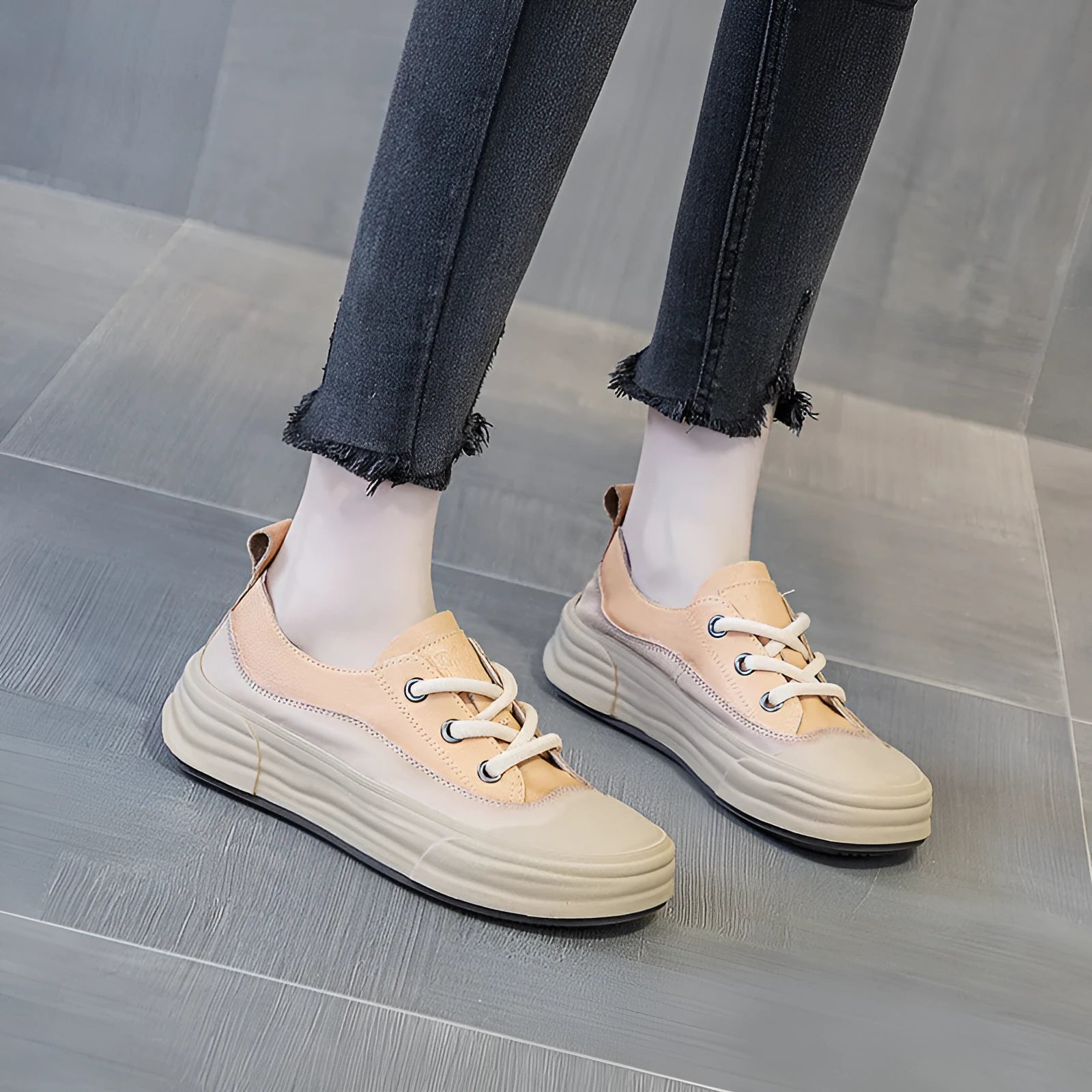 Women's leather platform sneakers in matcha, purple, and orange colours with round toe and lace-up front.