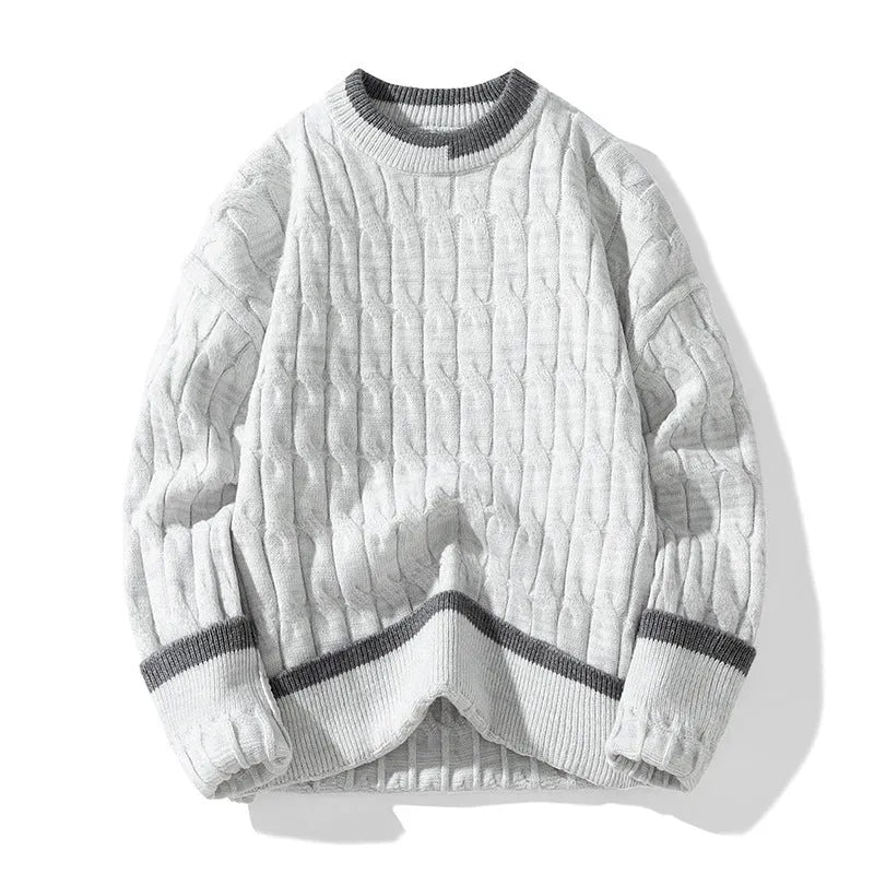 Men's loose-fit long sleeve pullover sweater in a modal acrylic blend, shown in light blue.