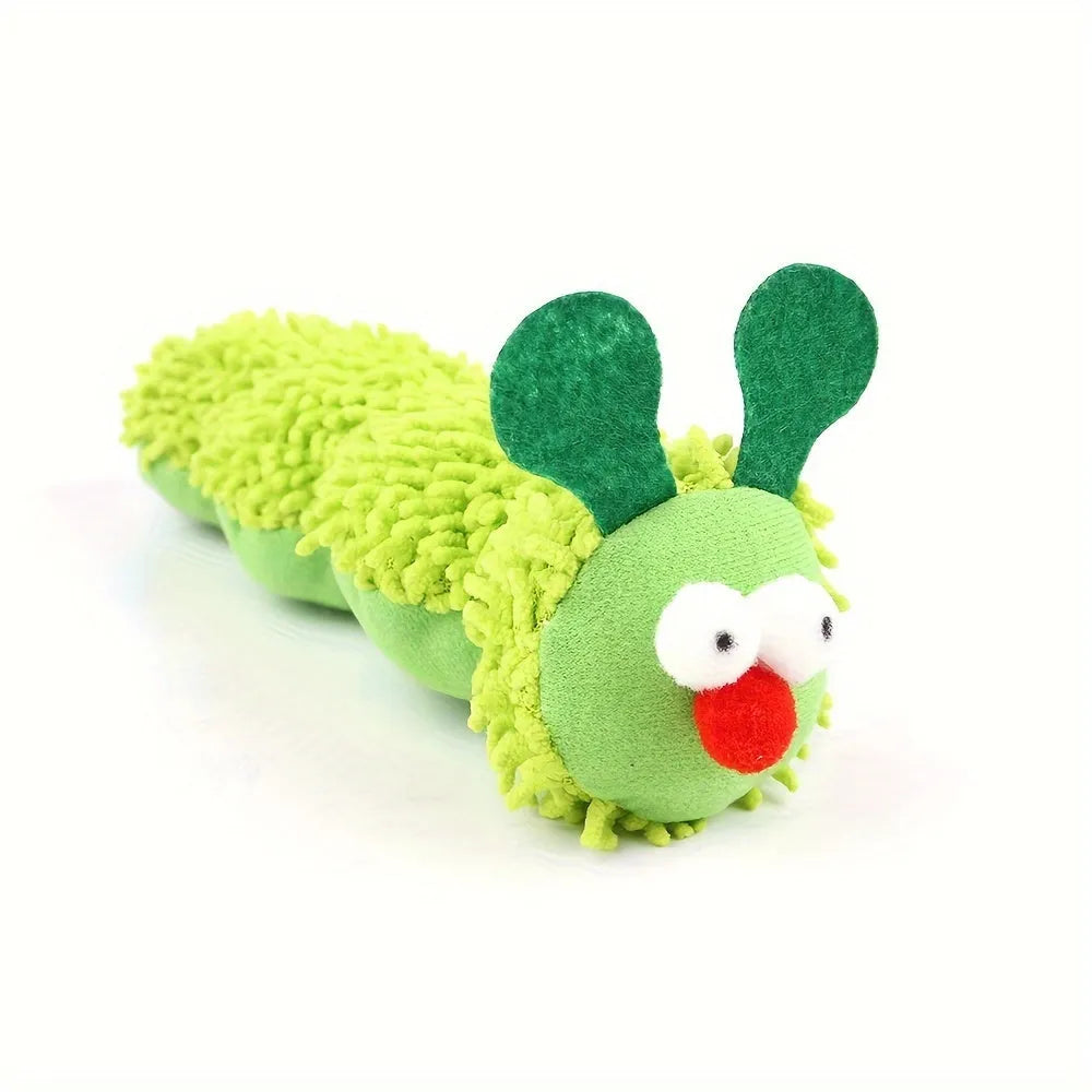 Green interactive plush cat toy pillow measuring 24cm long for feline play without batteries
