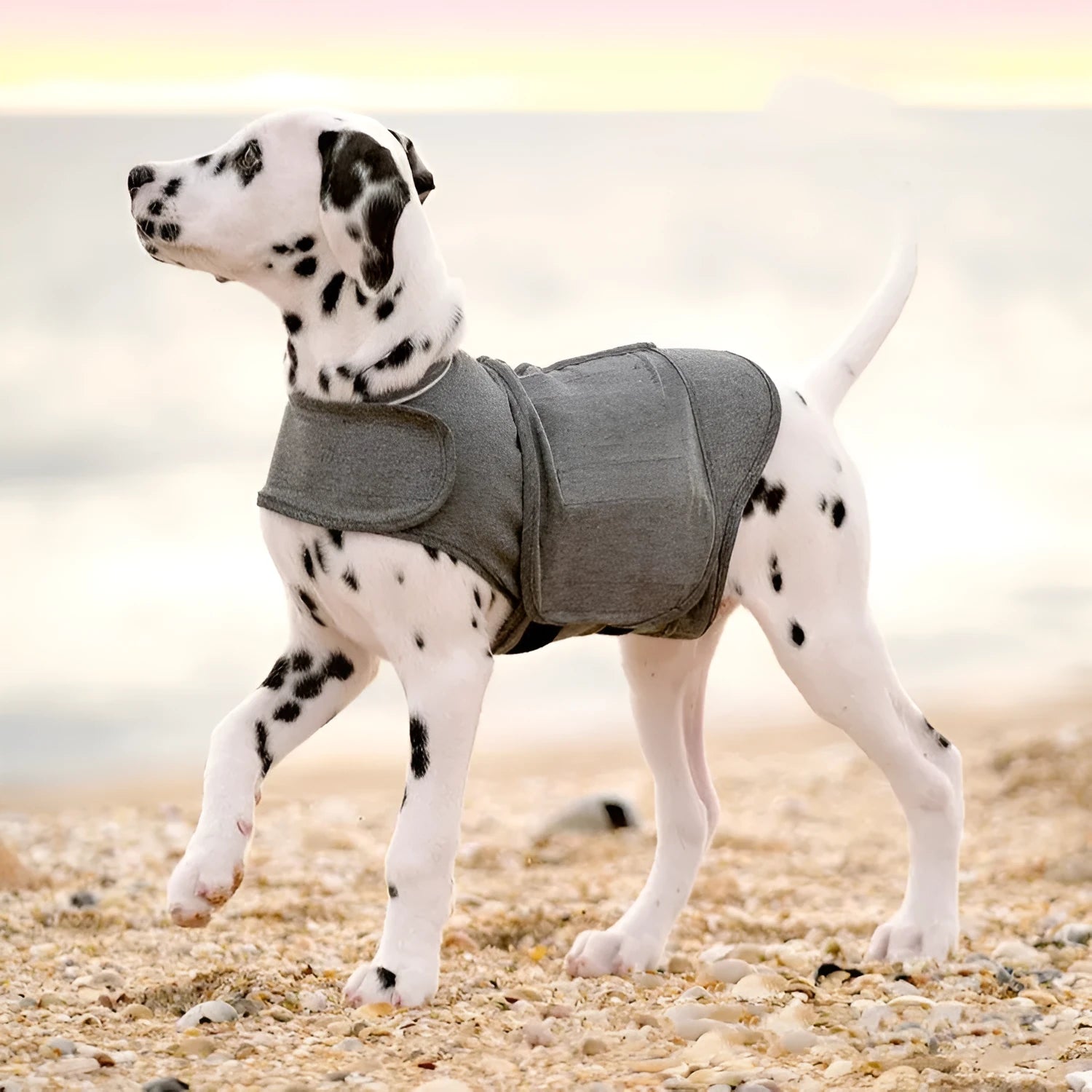 Heather Grey dog anxiety vest made from brocade cotton ponte-de-roma fabric on a medium-sized dog.