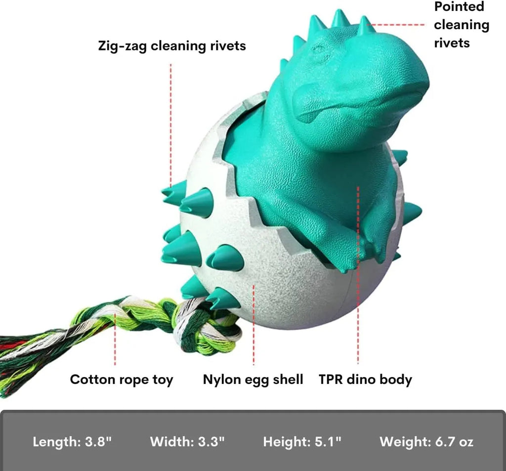 Blue dinosaur-shaped dog chew toy with rope and textured rubber surface.