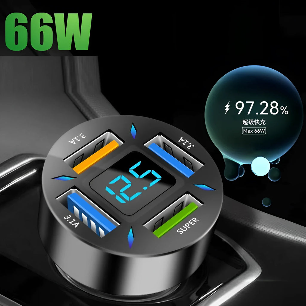 Black four-port USB car charger with LED digital display, compact design for vehicle use.