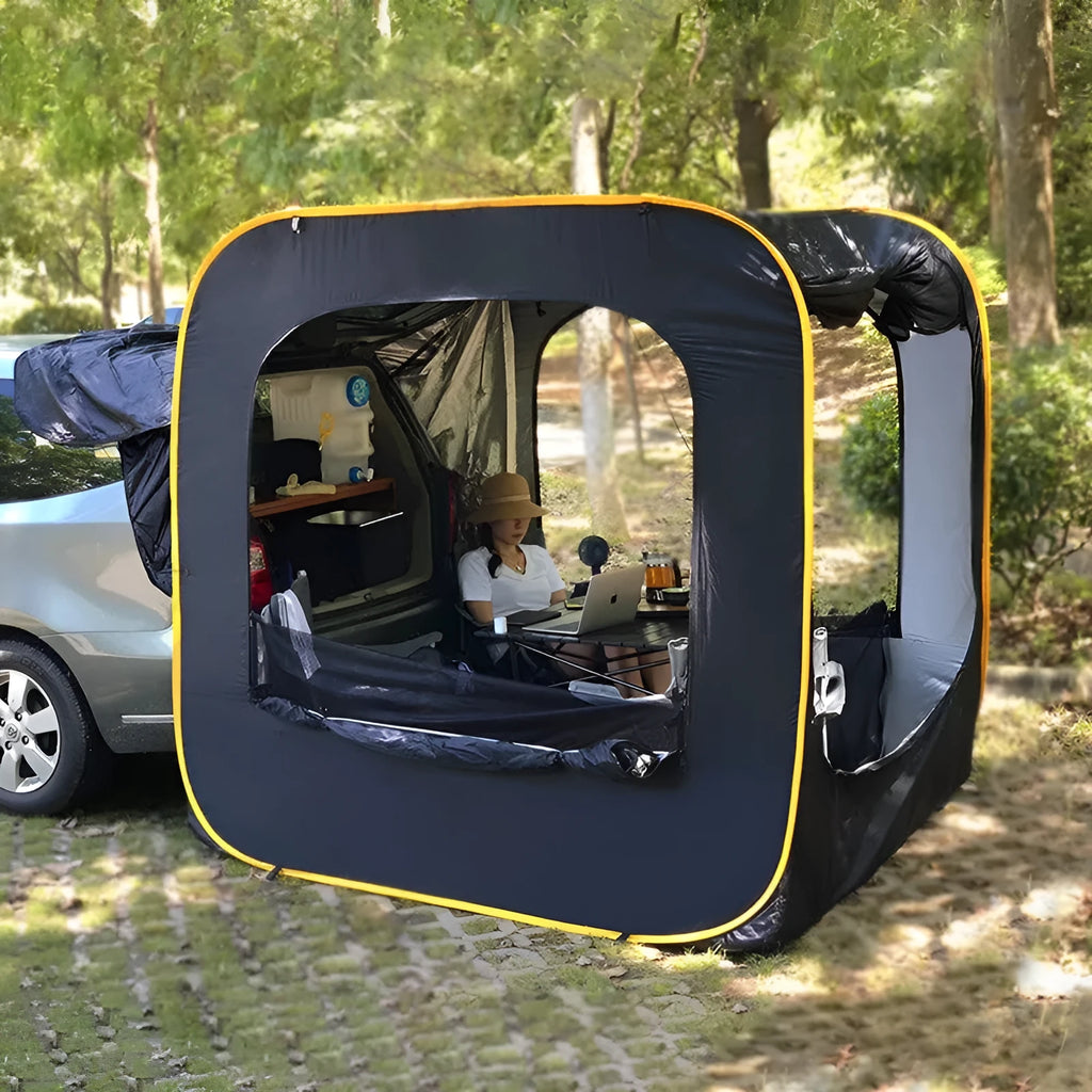 Black pop-up car tail tent with quick-throw design and steel framework