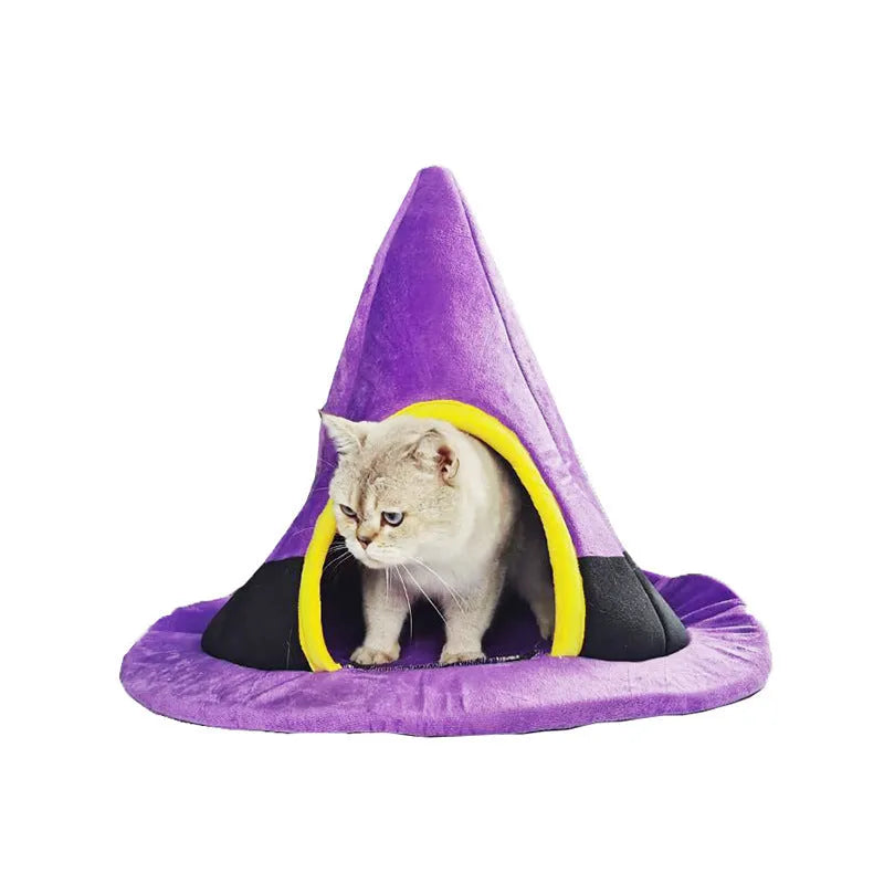 Purple cloth Halloween witch hat shaped cat bed measuring 60x45cm