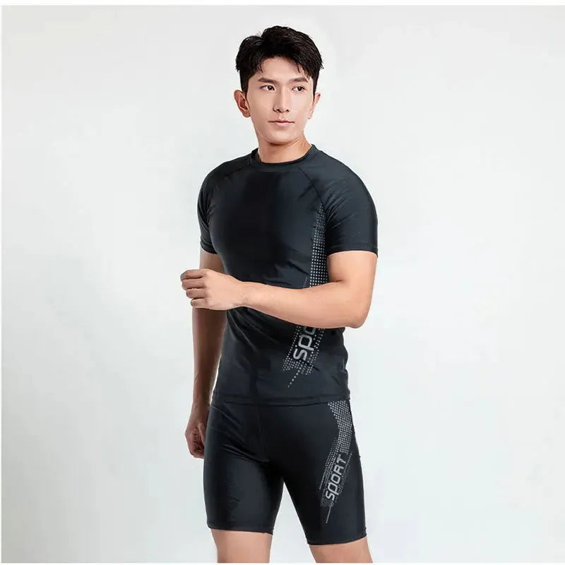 Men's polyester swimsuit set with pattern design in sizes M to 4XL