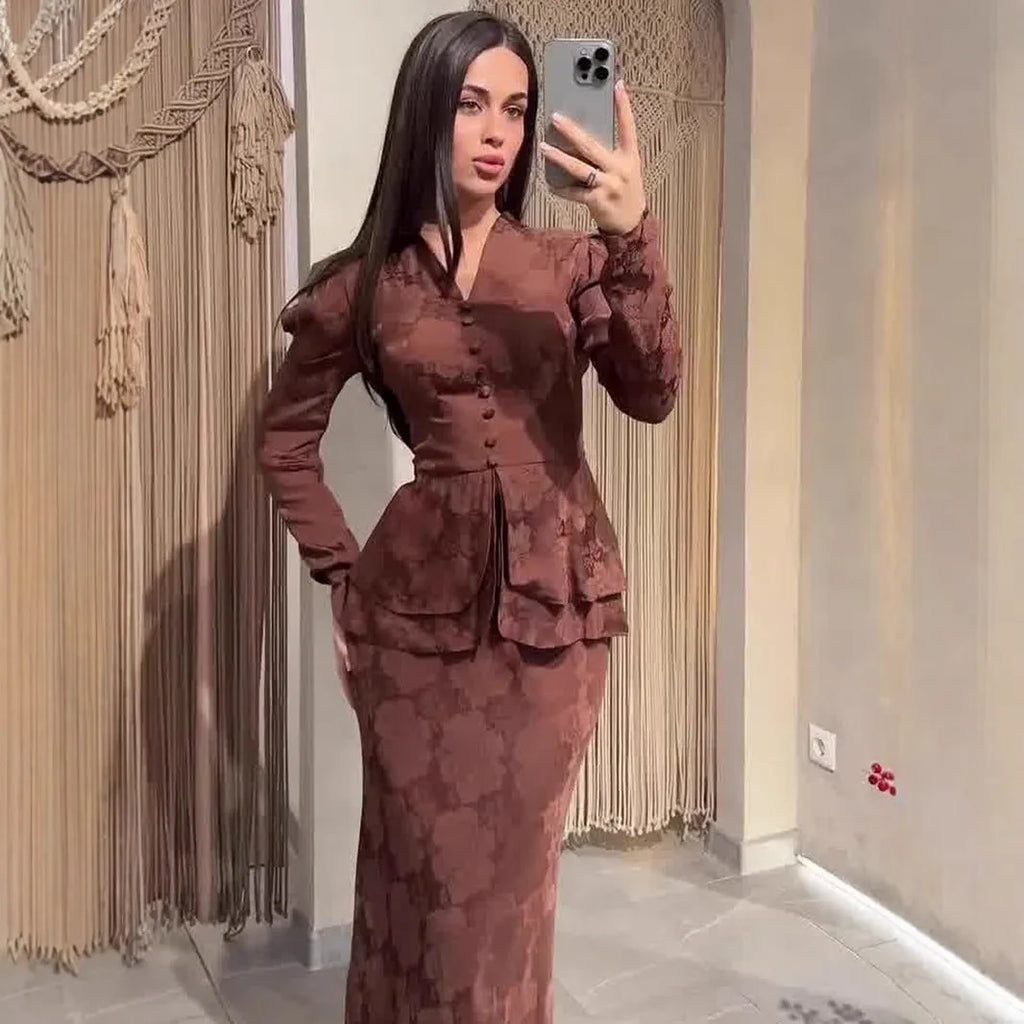 Dark brown artistic retro dress with floral pattern, long sleeves, and slim fit silhouette