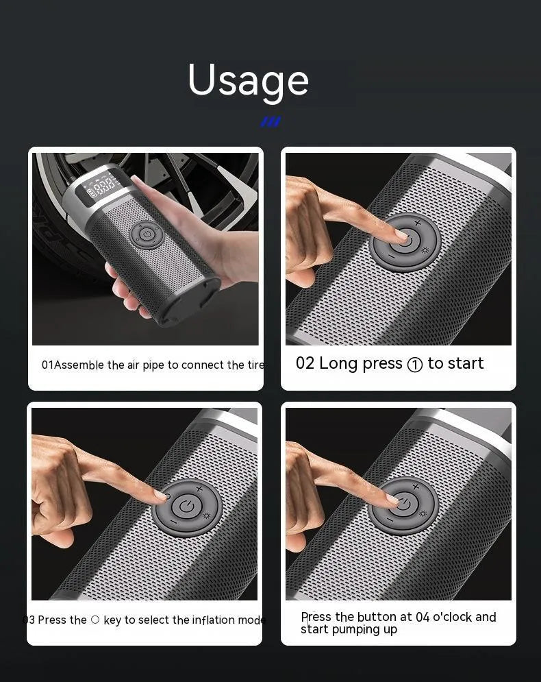 Black portable wireless air pump with USB charging cable and multiple nozzle attachments including bicycle, ball, and swimming ring connectors
