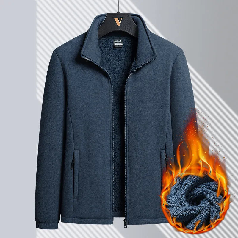 Men's grey Berber fleece coat cardigan with stand-up collar and zippered pockets