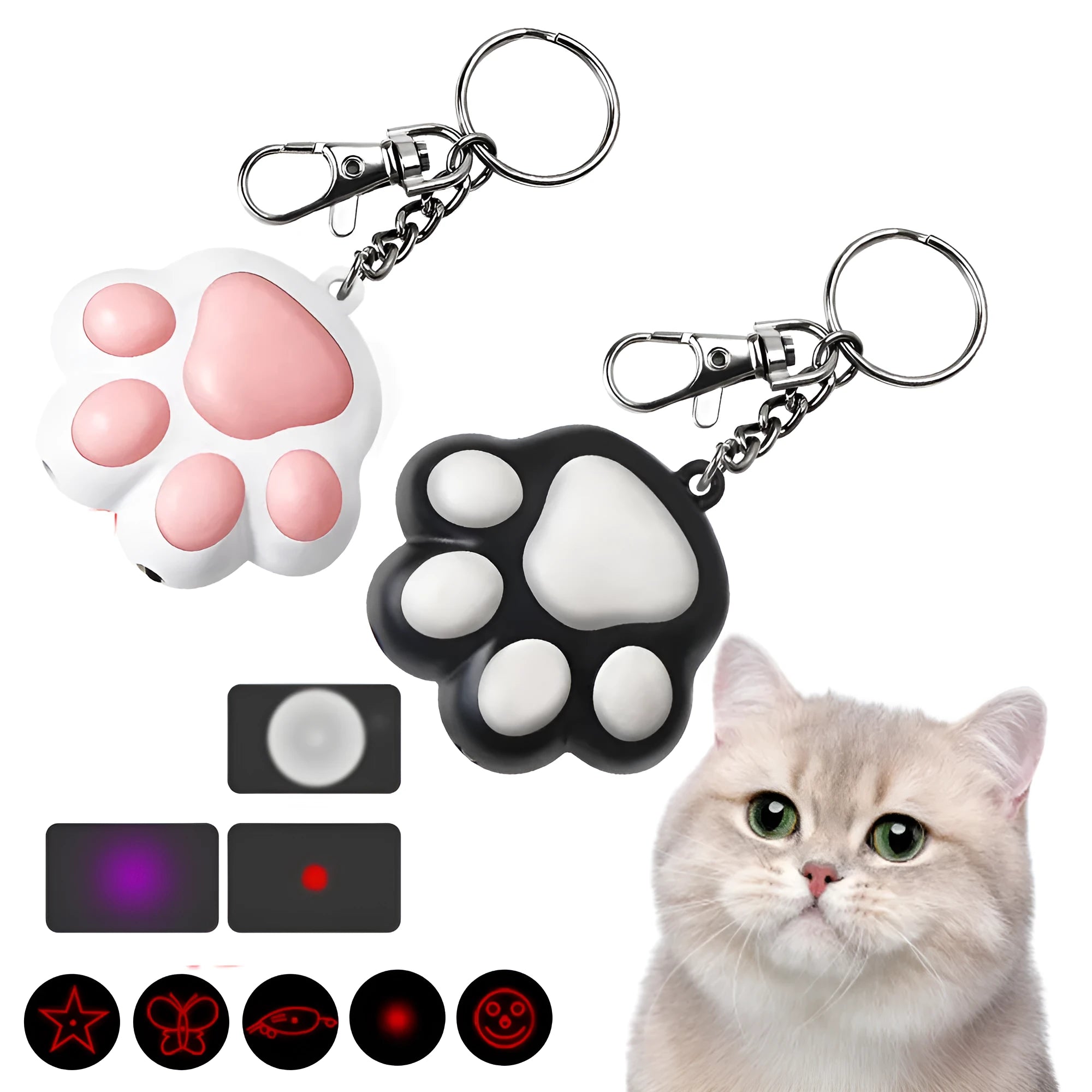 Pink or black USB rechargeable infrared cat teaser keychain with compact plastic housing
