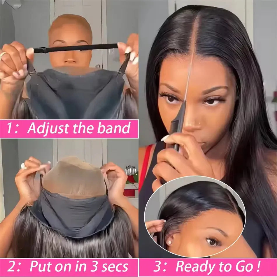 A lady wearing a long, straight, glueless human hair wig with side bangs.