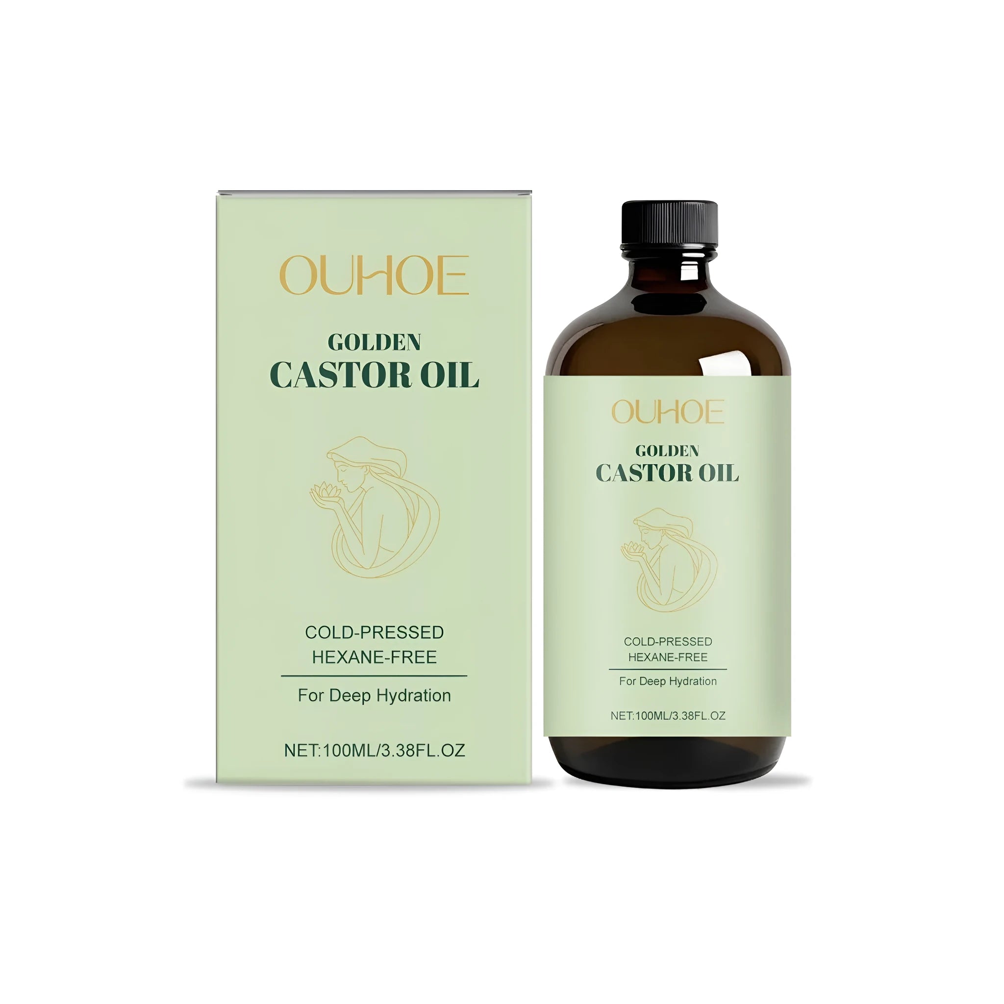 100ml bottle of golden castor oil skin care product with jojoba and vitamin E.