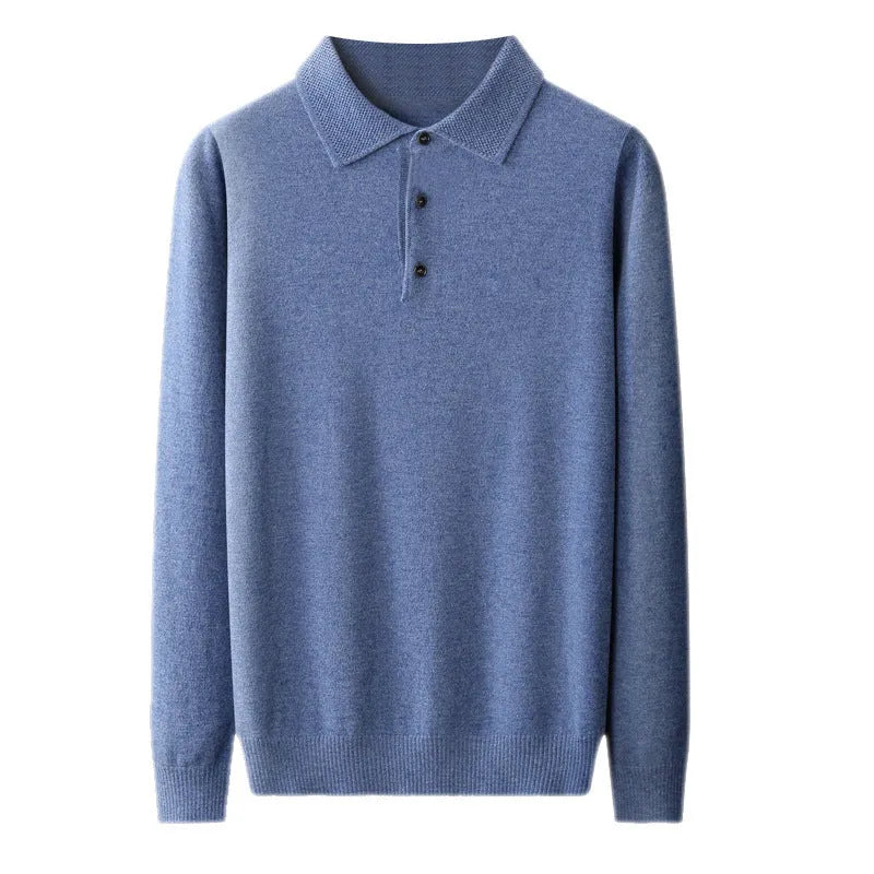 Men's grey wool pullover sweater with a polo collar, laid flat.