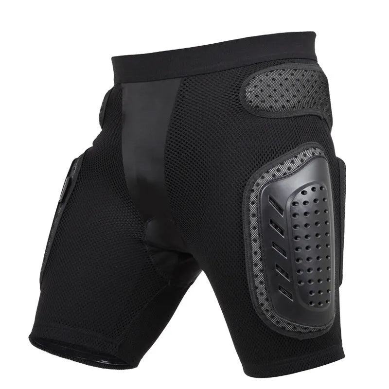 Black cycling hip protection pants with integrated pads for sports safety.