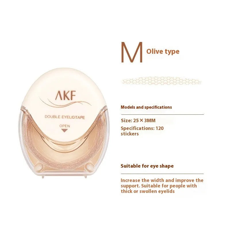 Roll of 120 invisible lace double eyelid stickers in crescent or olive shapes.