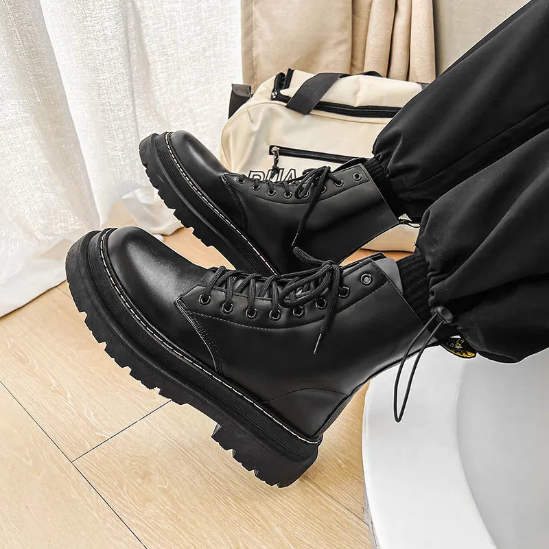Men's black leather platform Doc Martens boots with side zipper and lace-up high-top design