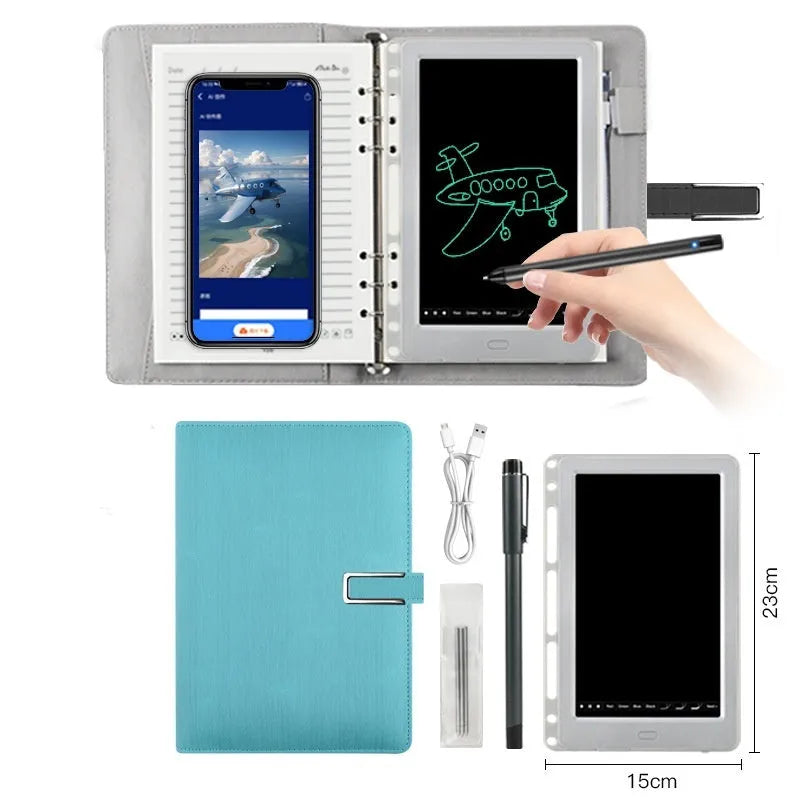 85-inch electronic writing pad with stitching design, smart pen, and USB charger on a table.