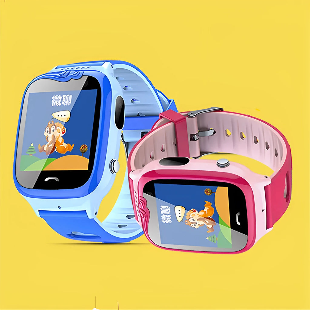 Blue children's phone watch with touch screen showing positioning interface on silicone wristband