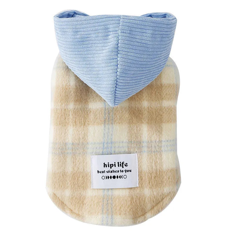 Blue and yellow corduroy hooded dog vest with chessboard grid pattern and traction point