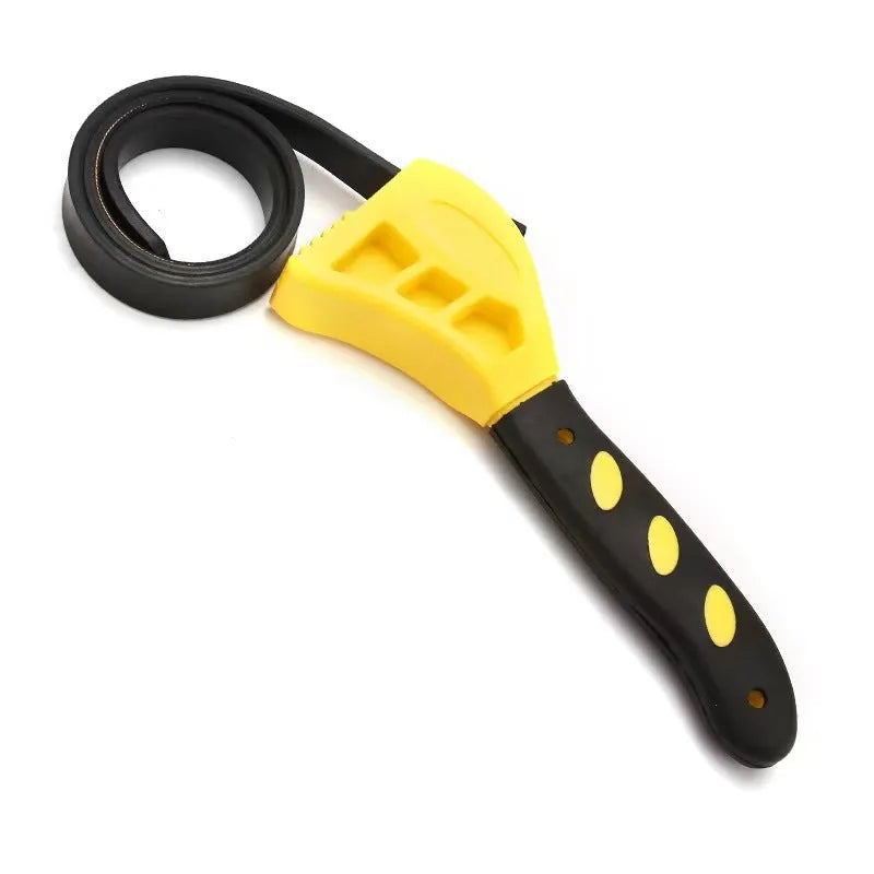 A 6-inch and an 8-inch adjustable rubber strap wrench with a plastic handle and phosphated metal parts.