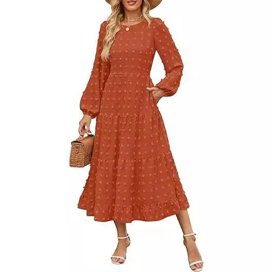 Women's long sleeve casual dress in beige with ruffle sleeves and a high waist.