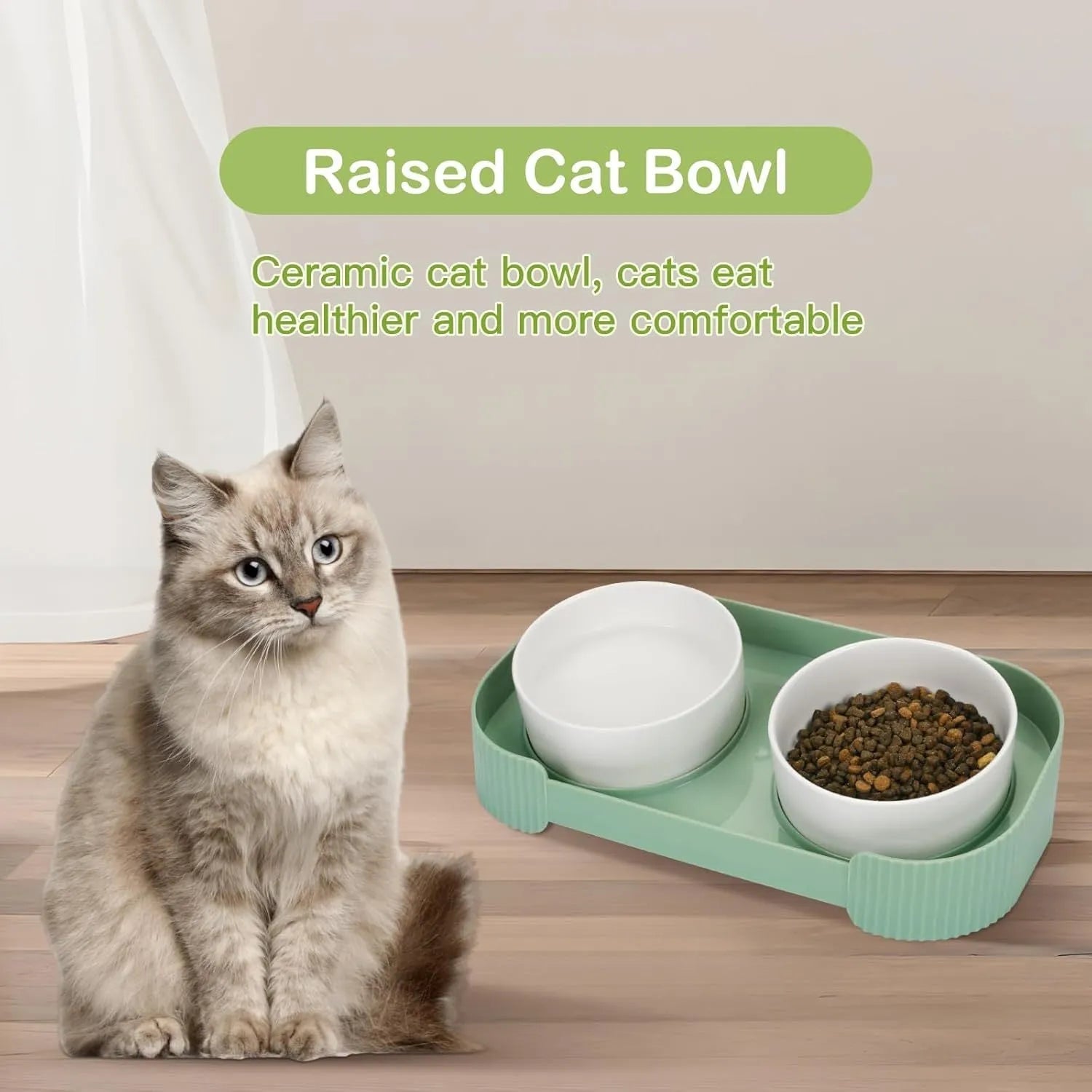 Ceramic elevated cat bowls with tilted stand and non-slip base in green, white or yellow