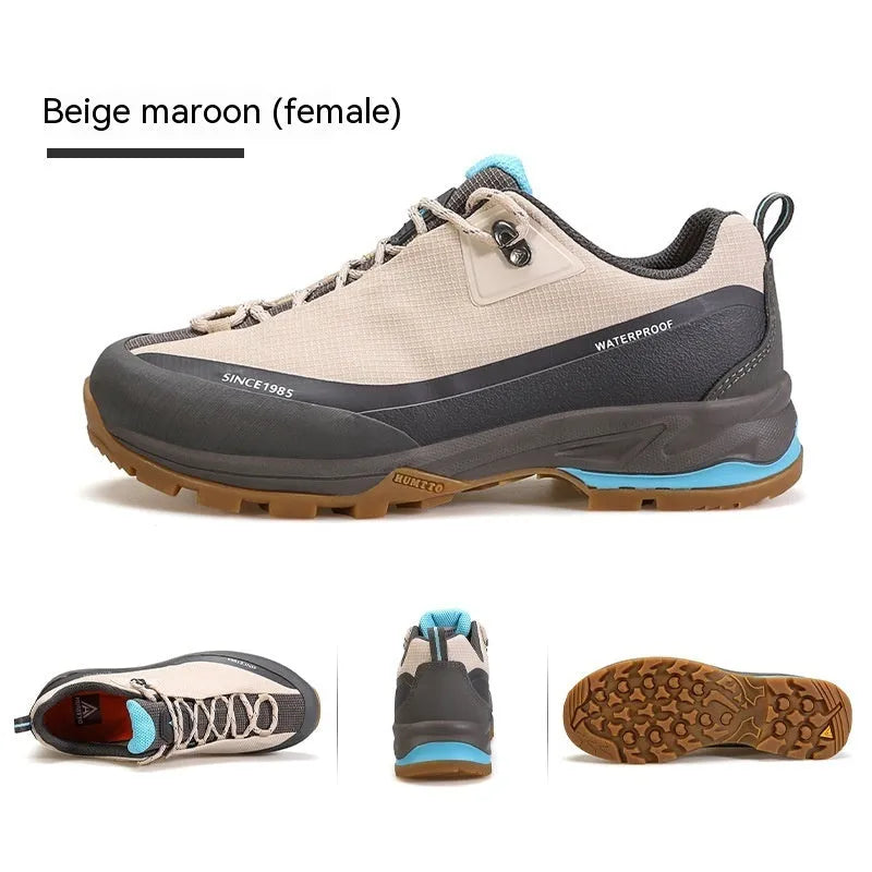 Men's low-top mountain climbing shoes with lace-up front and leather mesh upper