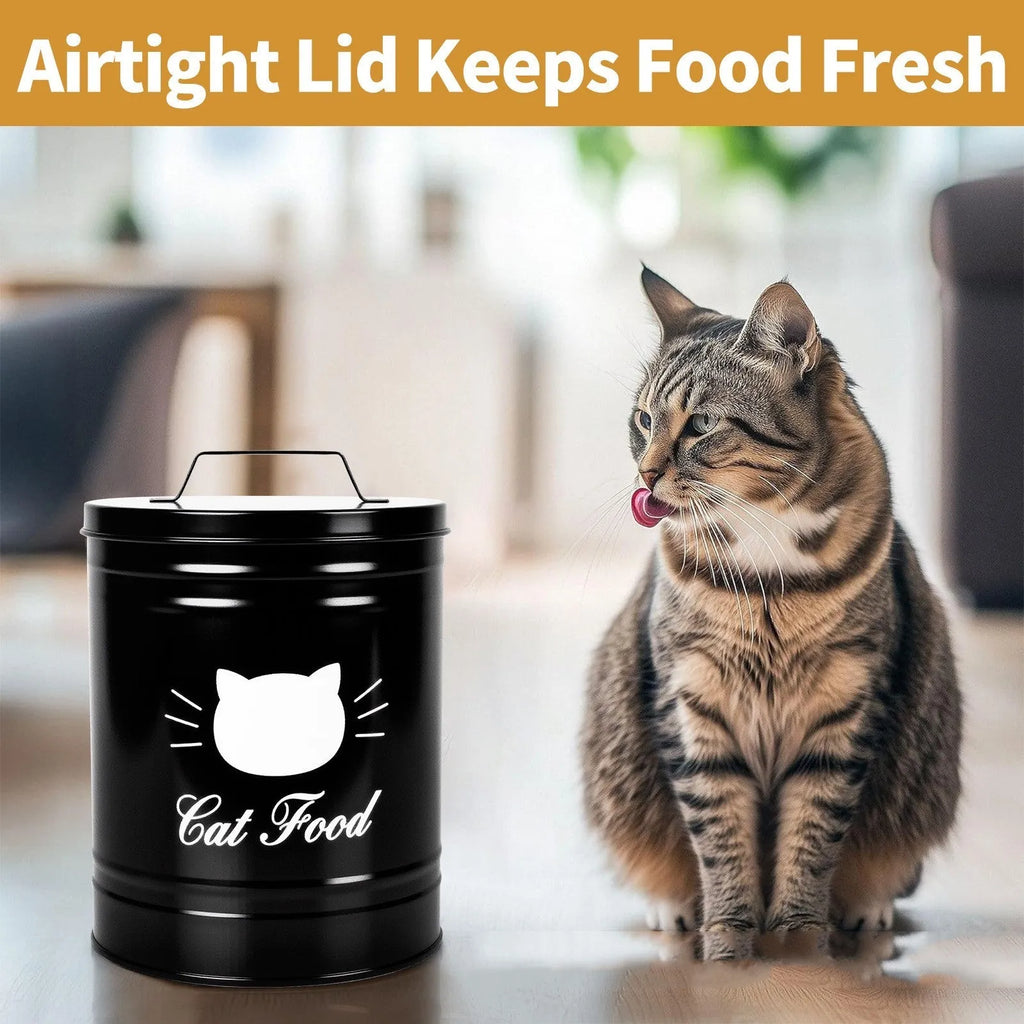 Round black iron sheet storage bucket with lid for household pantry organisation.