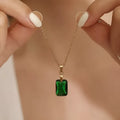 Copper rectangular geometric necklace with quadrilateral pendant on O-ring chain in green colour