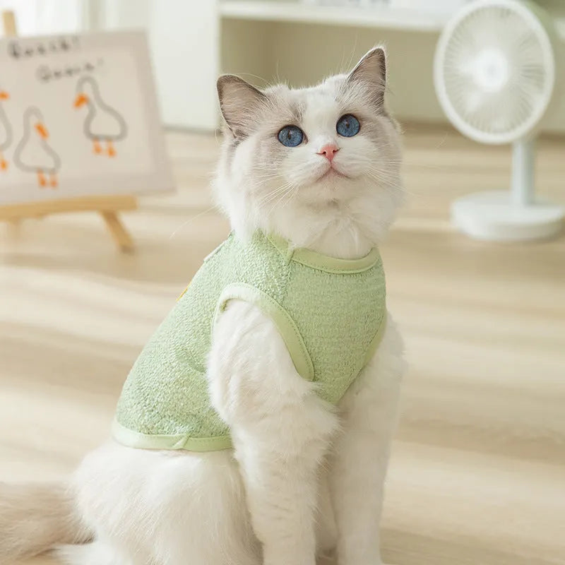 Green knitted cat clothing with a bear patch, showing hollowed-out breathable fabric.