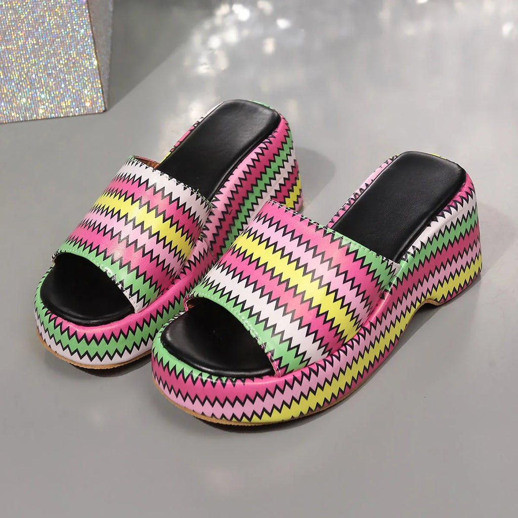 Women's colourful wave print wedge sandals with thick rubber sole and fish mouth toe design