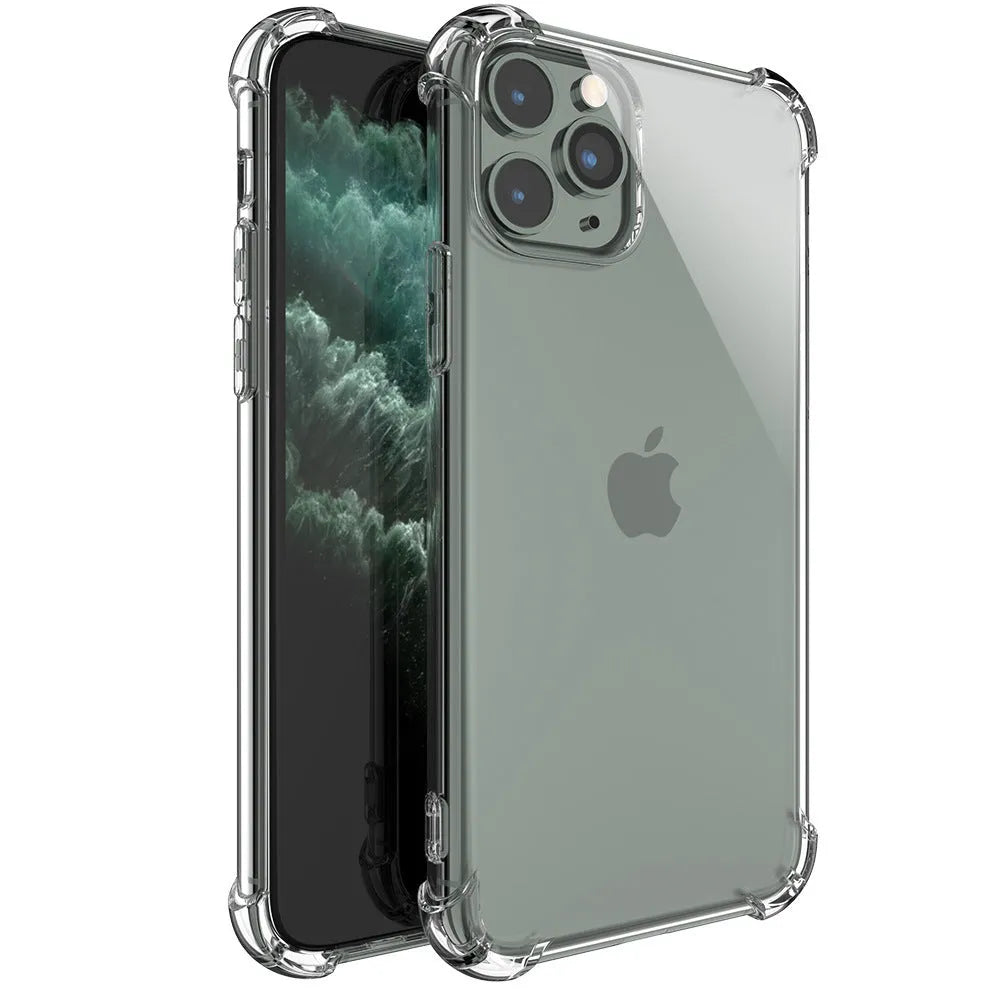 Clear transparent TPU shockproof phone case for Apple iPhone showing compatibility with multiple models