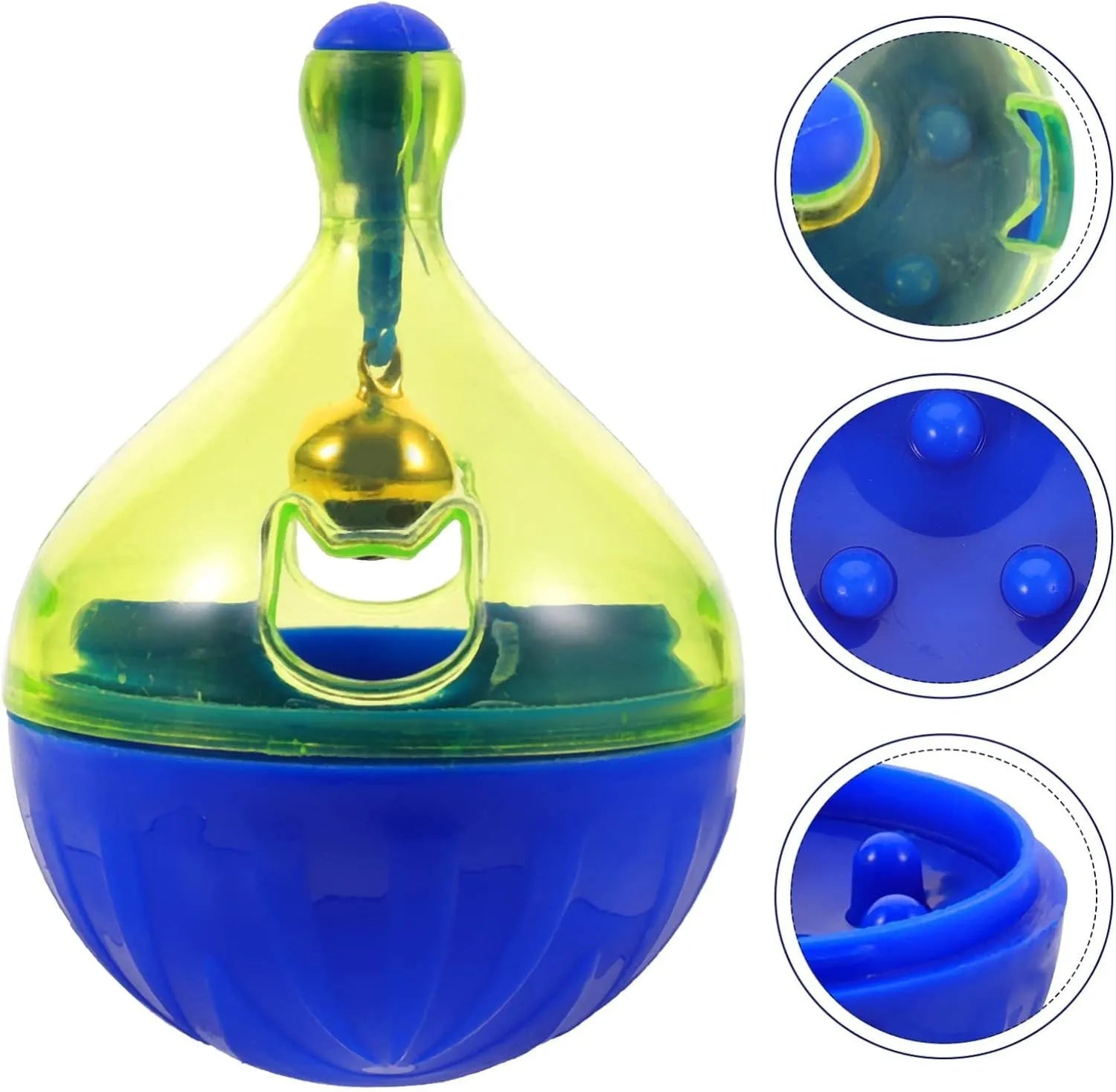 Blue tumbler-shaped pet treat dispenser ball for dogs and cats