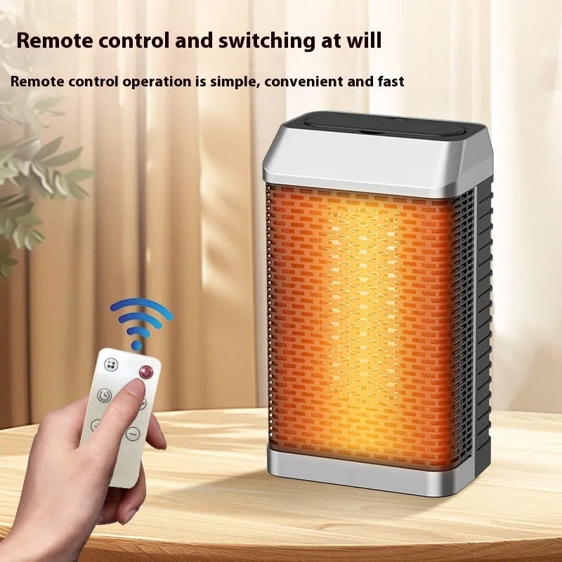 Black smart desktop electric heater with remote control on a wooden desk