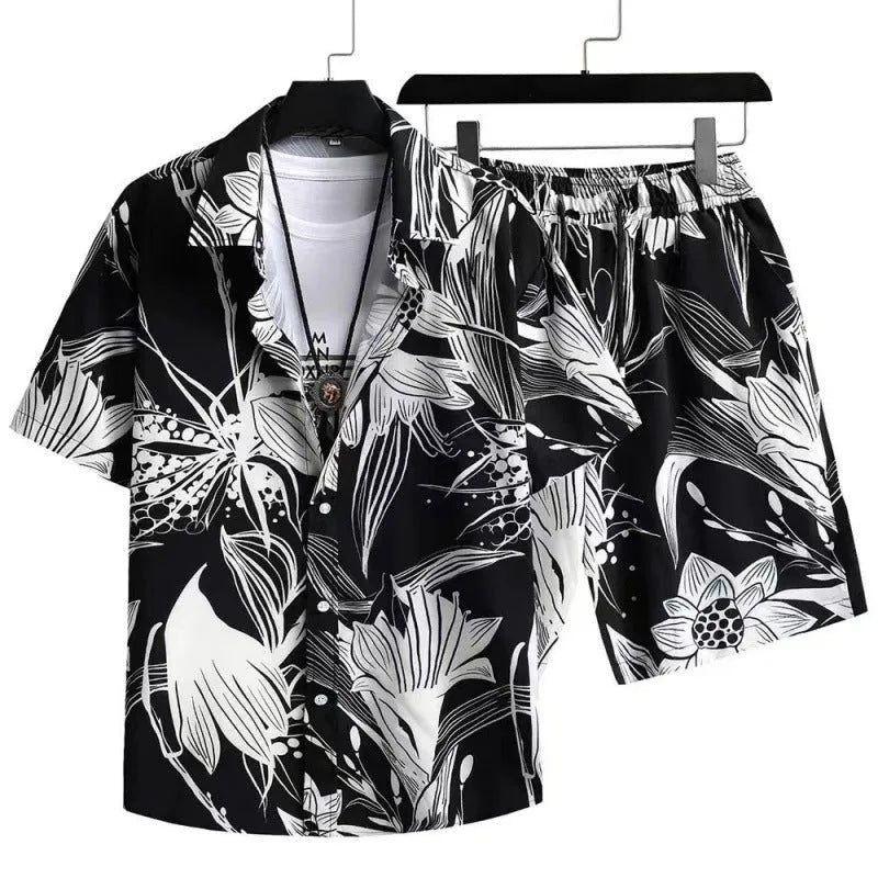 Men's digital print casual suit with short sleeve cardigan and matching shorts in polyester.