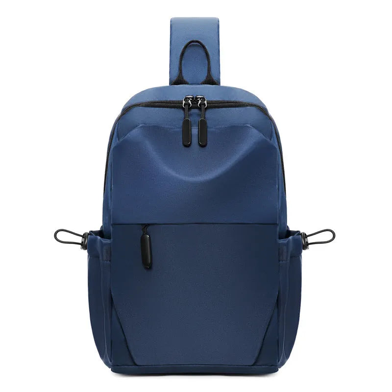 Men's waterproof chest bag in grey showing dimensions and shoulder strap