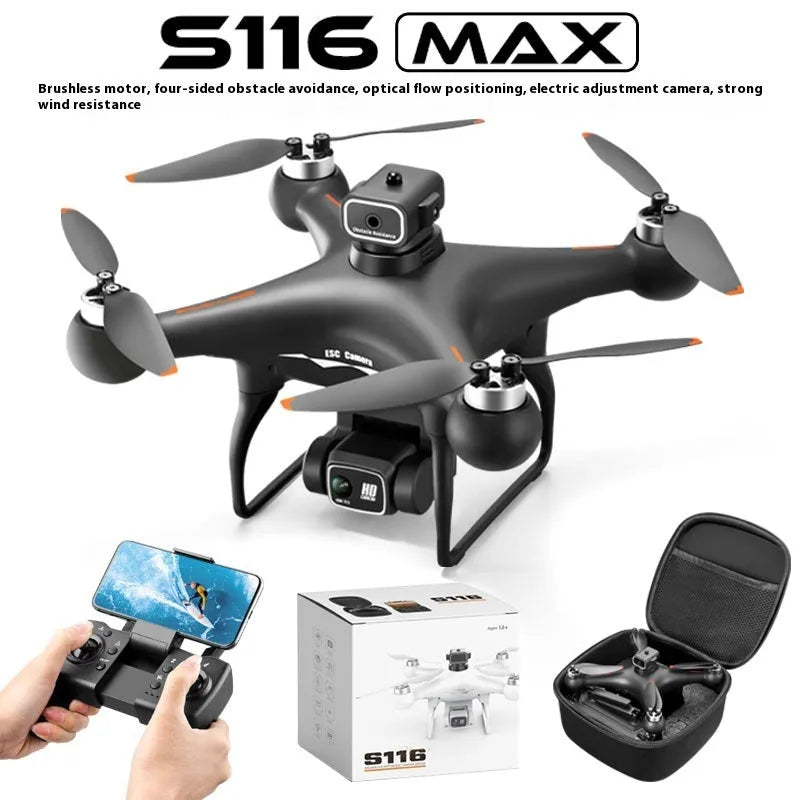 Black S116 brushless quadcopter drone with four rotors and a dual HD camera on a white background