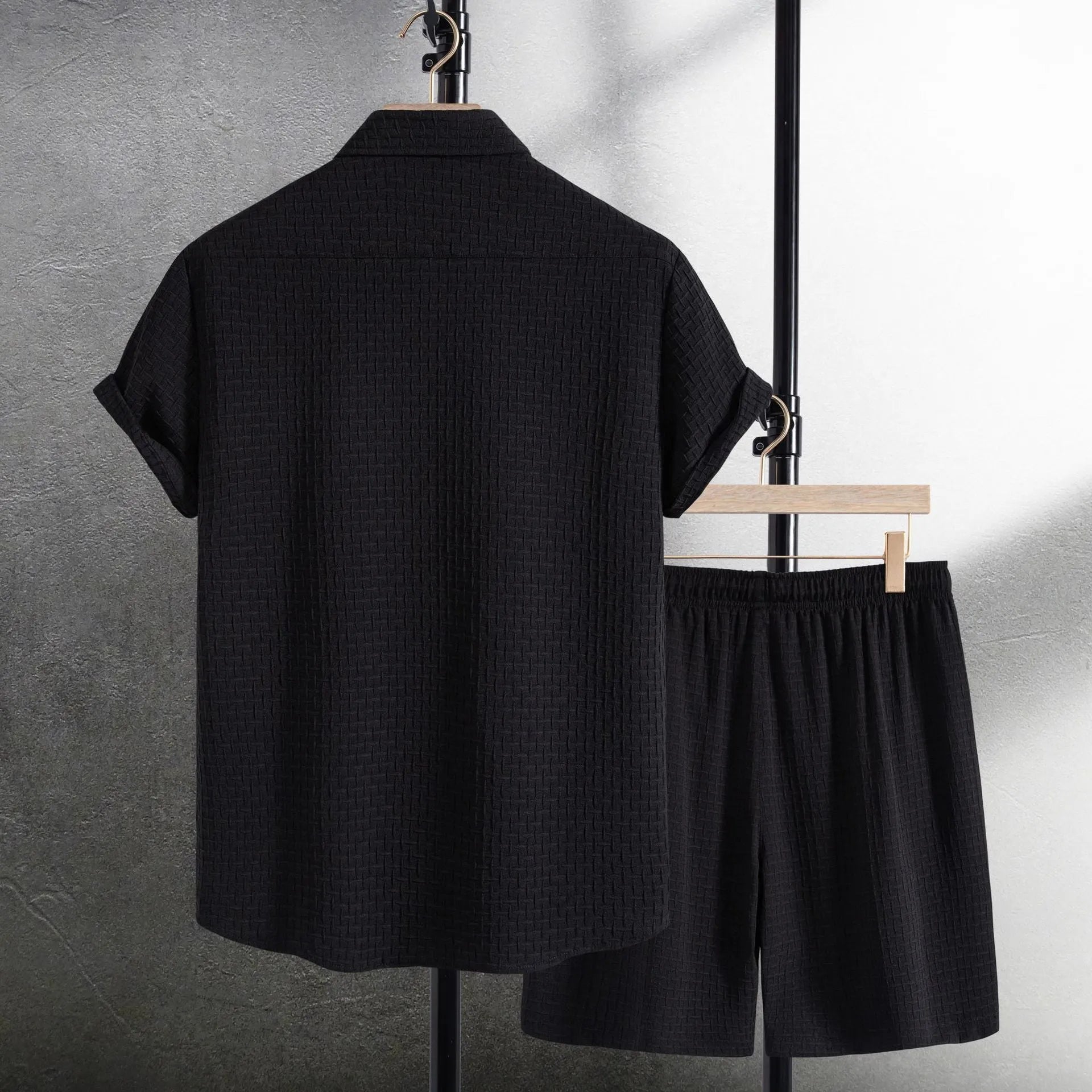 Men's white cotton blend short sleeve shirt and shorts casual summer suit set.