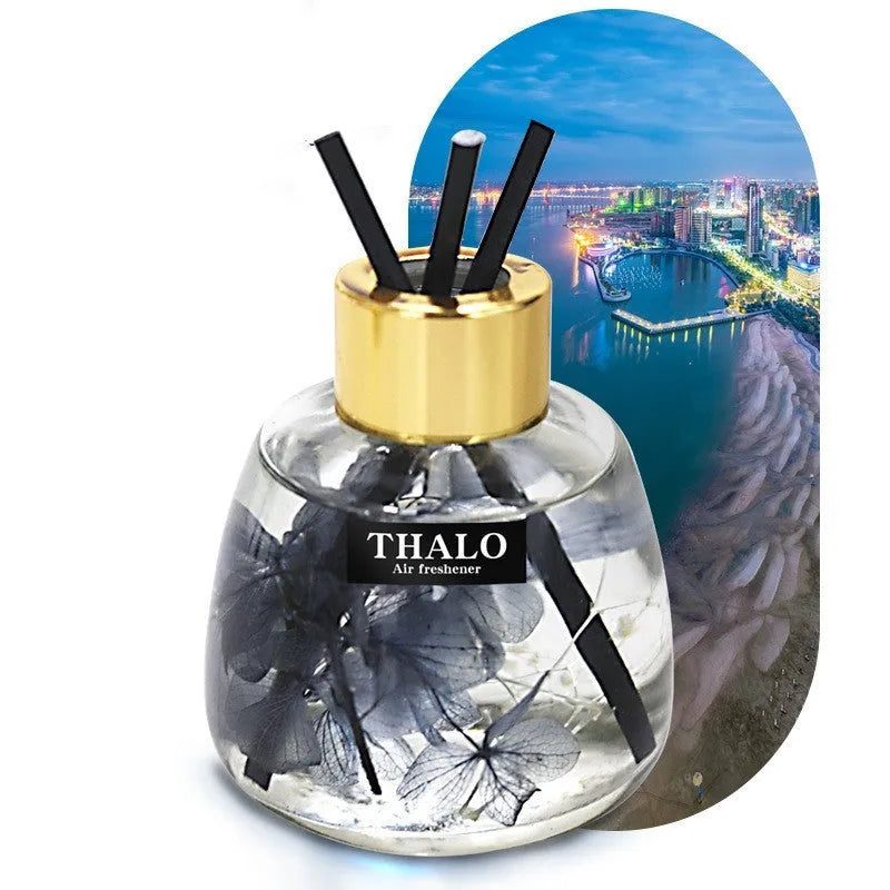 Glass bottle car perfume ornament with loose incense for automotive decoration.