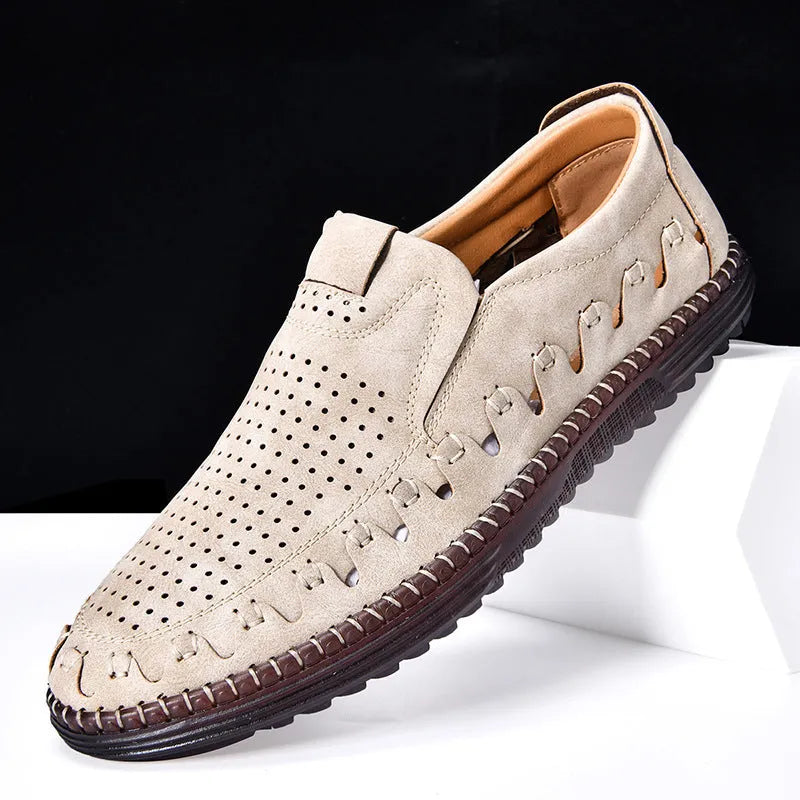 Men's brown handmade slip-on casual leather shoes with round toe and flat PVC sole