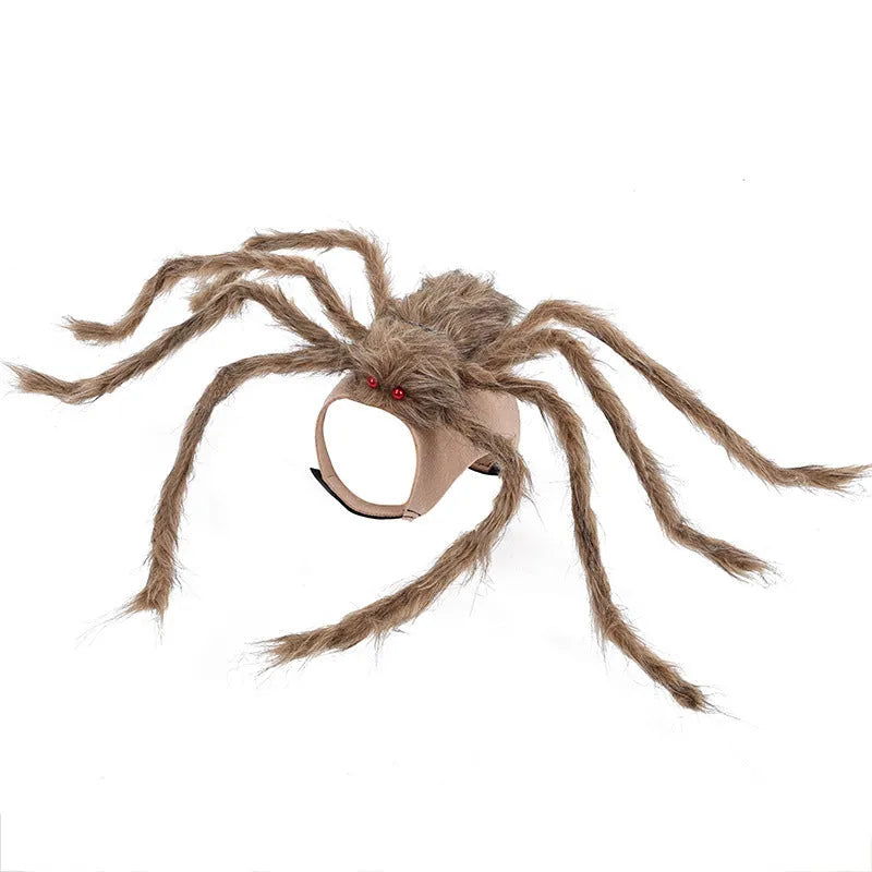 Grey, brown, and black and purple spider Halloween costume for a dog or cat on a mannequin.
