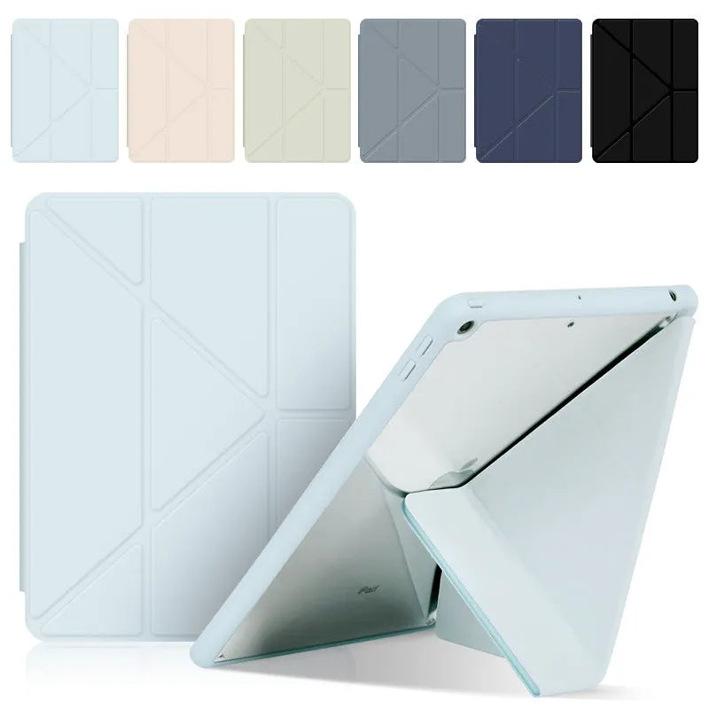 Apple iPad leather case with Y-folding acrylic cover, built-in pen slot, and bracket stand in dark grey colour
