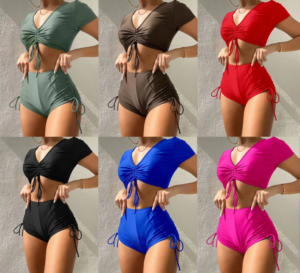Women's lace-up bow swimsuit with shorts in polyester fibre, shown in available colours