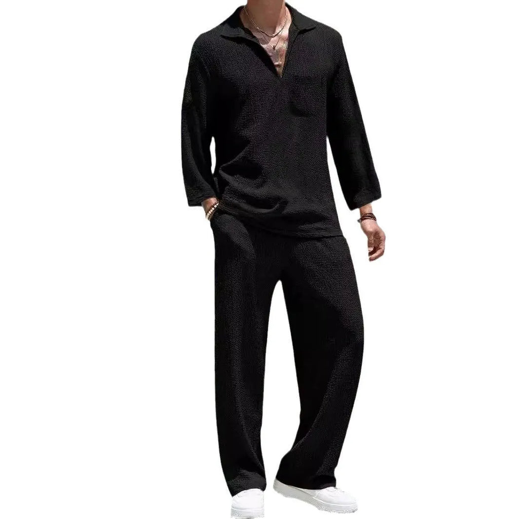 Men's casual shirt and trousers set in polyester fabric for autumn leisure wear.