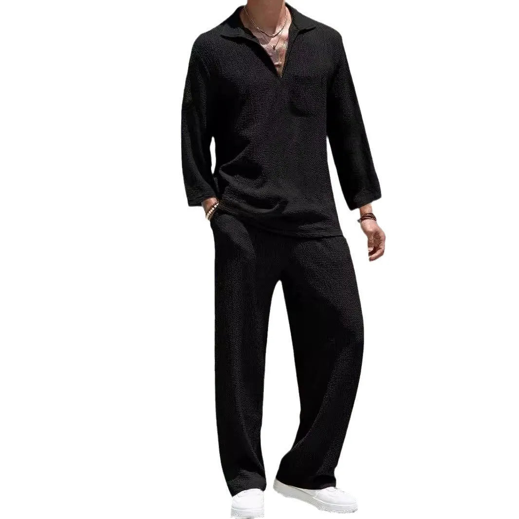 Men's casual shirt and trousers set in polyester fabric for autumn leisure wear.
