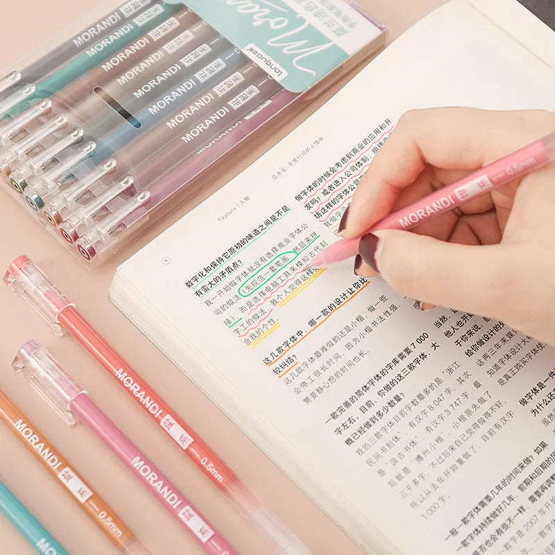 Set of nine solid colour gel pens with 0.5mm needle tips, in plastic shells, presented in a choice of colour series.