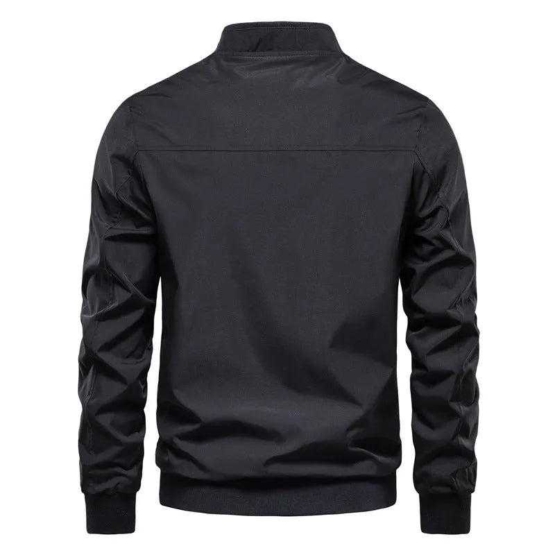 Men's solid colour casual lightweight polyester jacket shown in army green, black, or dark blue.